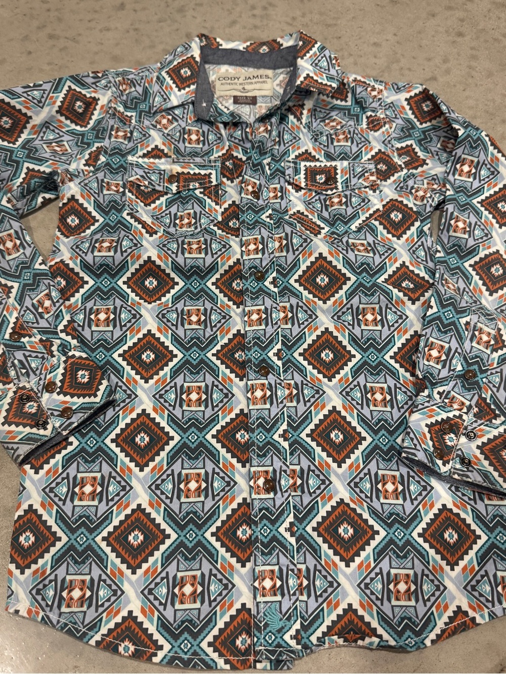 Kid's Aztec Print Long Sleeve Shirt - Teal & Brown
